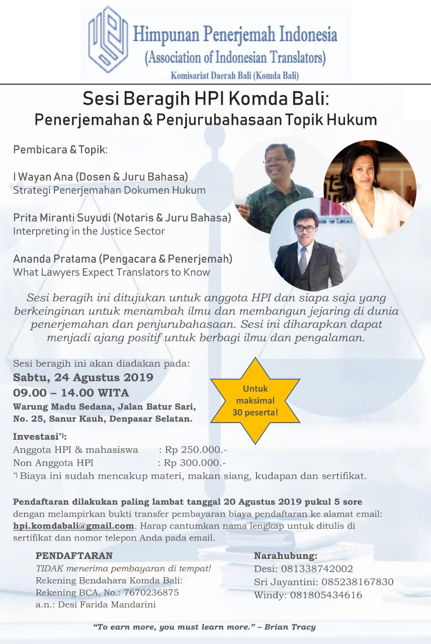 Sharing session by Association of Indonesian Translators (HPI) Komda Bali, Aug 2019